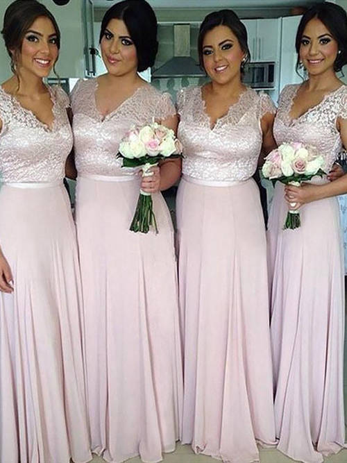 A-line V Neck Lace Chiffon Bridesmaid Dresses