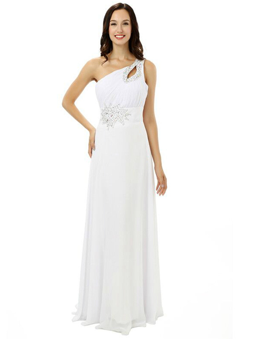 A-line One Shoulder Chiffon White Bridesmaid Dress Beads