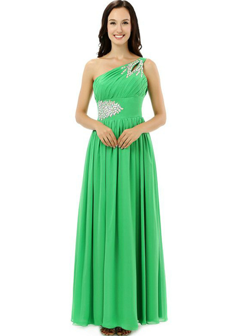 A-line One Shoulder Green Chiffon Bridesmaid Dress Beads