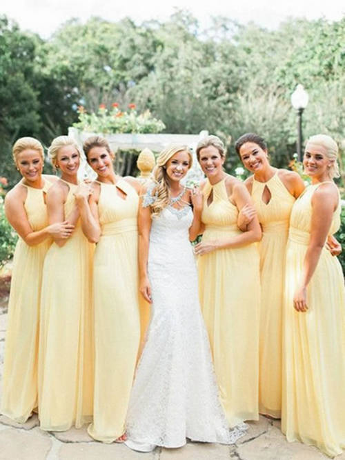 A-line Jewel Chiffon Yellow Bridesmaid Dresses
