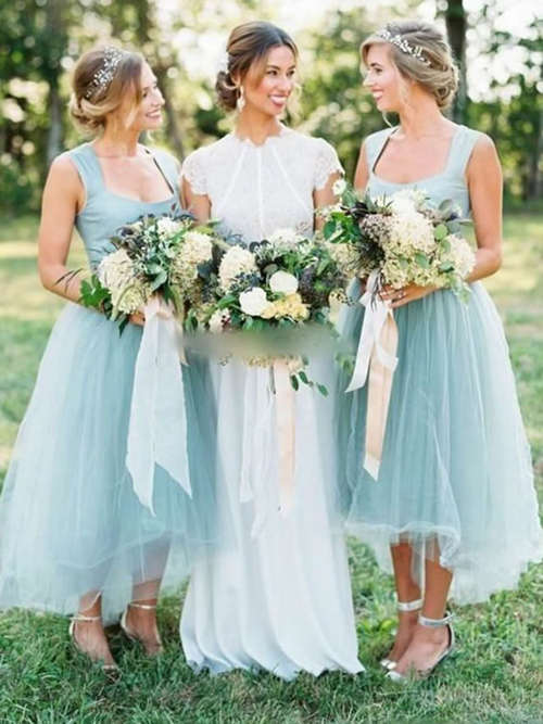 A-line Straps Tulle Ankle Length Bridesmaid Dresses