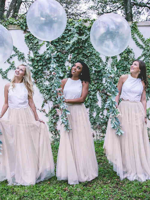 A-line Jewel 2 Piece Tulle Bridesmaid Dresses Applique