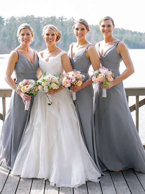 A-line V Neck Chiffon Grey Bridesmaid Dresses