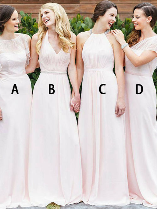4 Necklines Chiffon Lace Pink Bridesmaid Dresses