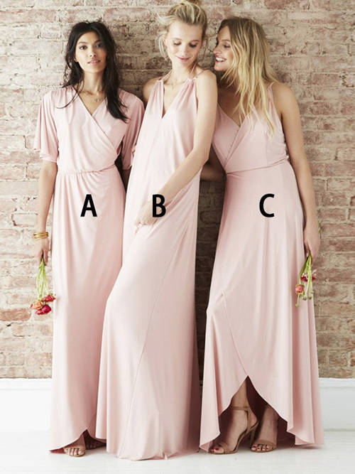 A-line V Neck Satin Sleeves Pink Bridesmaid Dresses