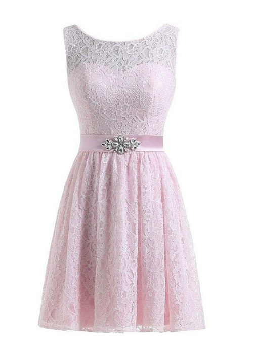 A-line Scoop Short Lace Bridesmaid Dress Beads