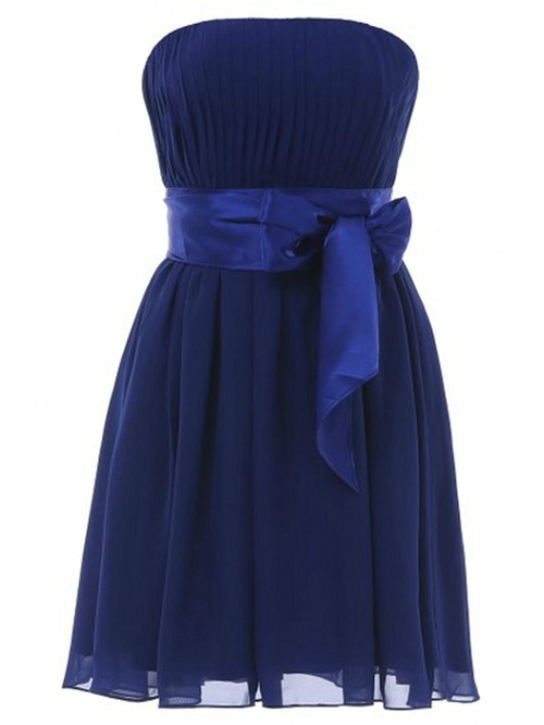 A-line Strapless Short Navy Blue Bridesmaid Dress Sash