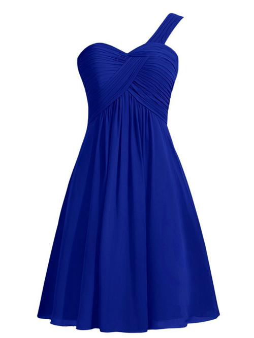 A-line One Shoulder Blue Short Bridesmaid Dress