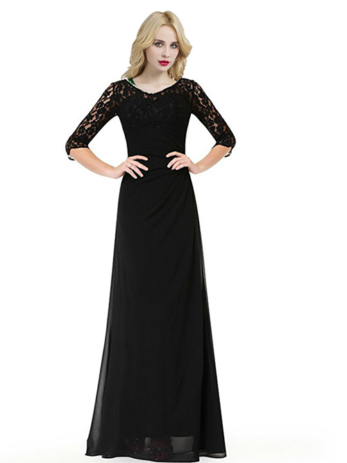 A-line Scoop Lace Sleeves Chiffon Black Bridesmaid Dress