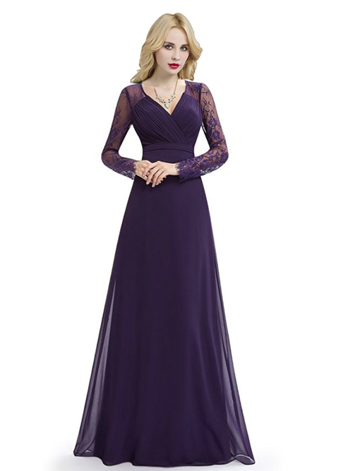 A-line V Neck Lace Sleeves Chiffon Purple Bridesmaid Dress
