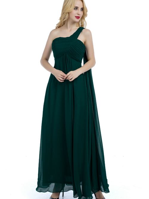 A-line One Shoulder Chiffon Dark Green Bridesmaid Dress