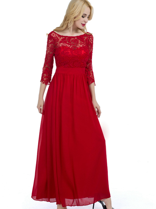 A-line Scoop Lace Sleeves Chiffon Red Bridesmaid Dress