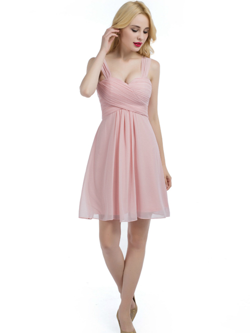 A-line Straps Chiffon Short Pink Bridesmaid Dress