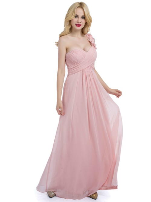 A-line One Shoulder Chiffon Pink Bridesmaid Dress Frills