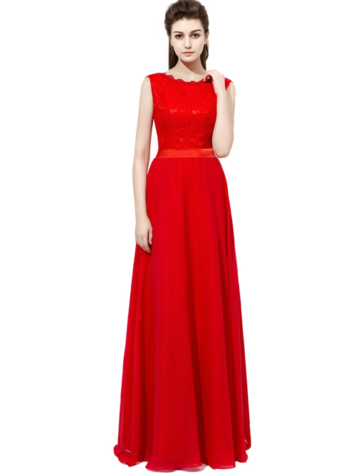 A-line Scoop Chiffon Lace Red Bridesmaid Dress