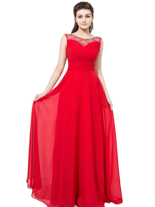 A-line Scoop Chiffon Red Bridesmaid Dress Beads