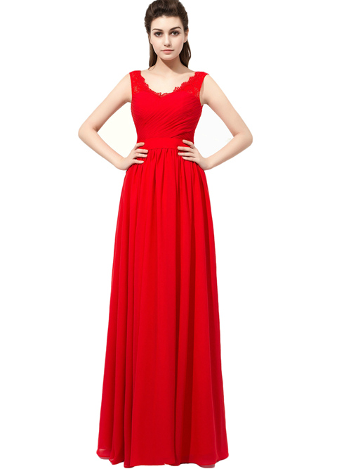 A-line V Neck Chiffon Red Bridesmaid Dress