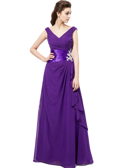 A-line V Neck Chiffon Purple Bridesmaid Dress Applique
