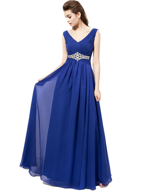 A-line V Neck Chiffon Blue Bridesmaid Dress Beads