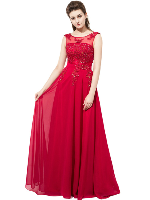 A-line Scoop Chiffon Ruby Bridesmaid Dress Applique