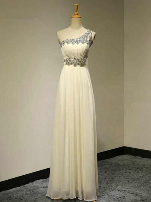 A-line One Shoulder Chiffon Bridesmaid Dress Beads