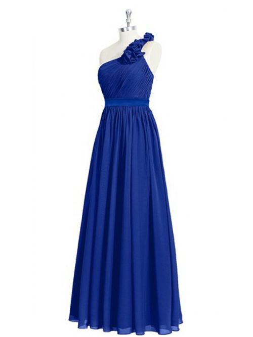A-line One Shoulder Chiffon Blue Bridesmaid Dress Frills