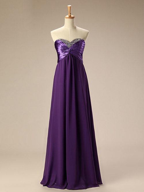 Empire Sweetheart Chiffon Satin Purple Bridesmaid Dress Beads