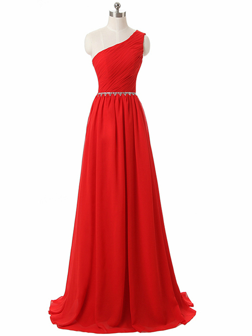 A-line One Shoulder Chiffon Red Bridesmaid Gown Beads