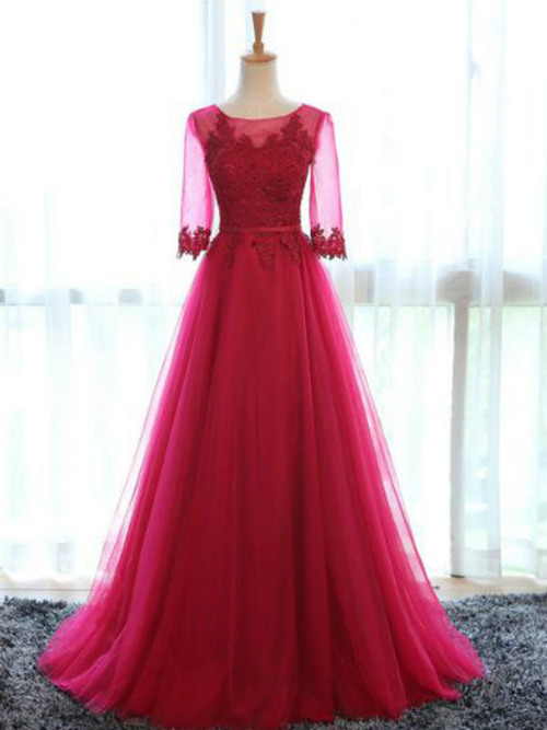 A-line Sheer Tulle Sleeves Burugndy Bridesmaid Gown Applique