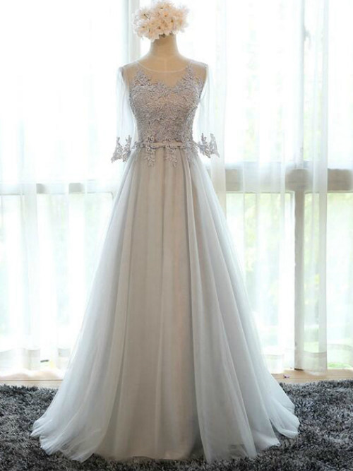 A-line Sheer Tulle Sleeves Bridesmaid Gown Applique