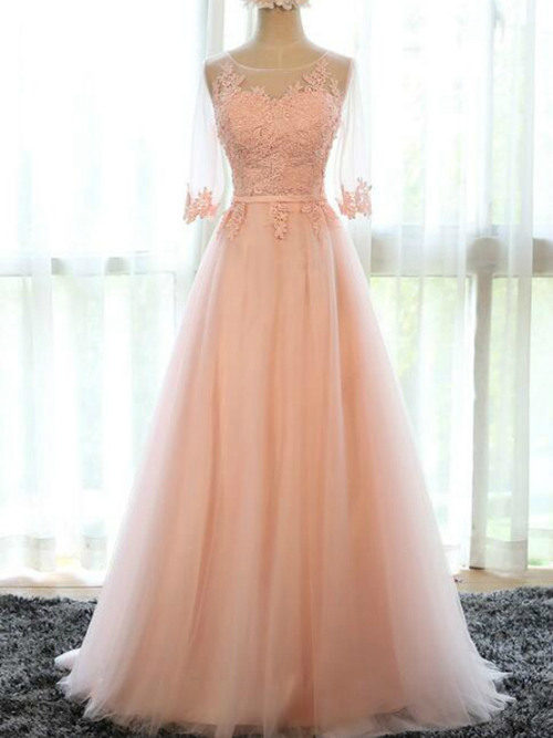 A-line Sheer Tulle Sleeves Pink Bridesmaid Gown Applique
