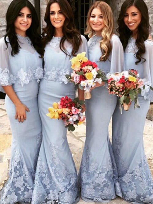 Mermaid Sheer Tulle Sleeves Satin Bridesmaid Dresses Applique