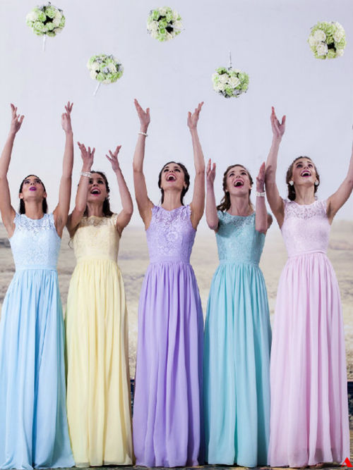 A-line Jewel Lace Chiffon Bridesmaid Dresses