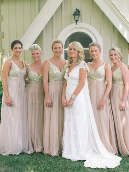 A-line V Neck Sequins Chiffon Bridesmaid Dresses
