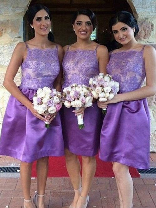 A-line Spaghetti Straps Lace Satin Purple Bridesmaid Dresses