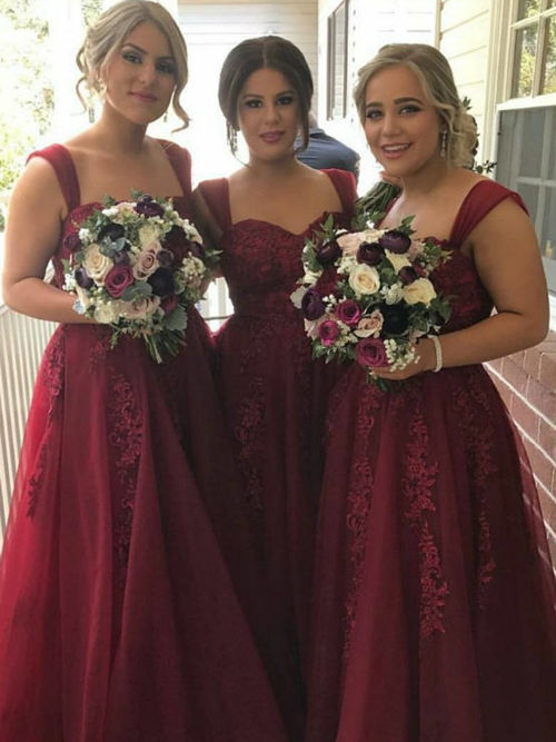A-line Straps Tulle Burgundy Bridesmaid Dresses Applique