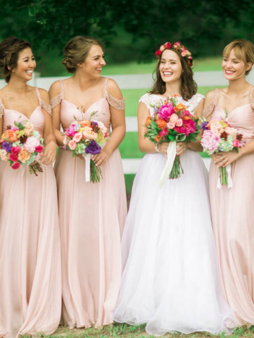A-line Straps Chiffon Pink Bridesmaid Dresses