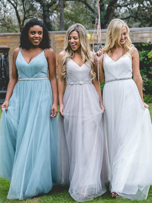 A-line V Neck Tulle Bridesmaid Dresses Beads