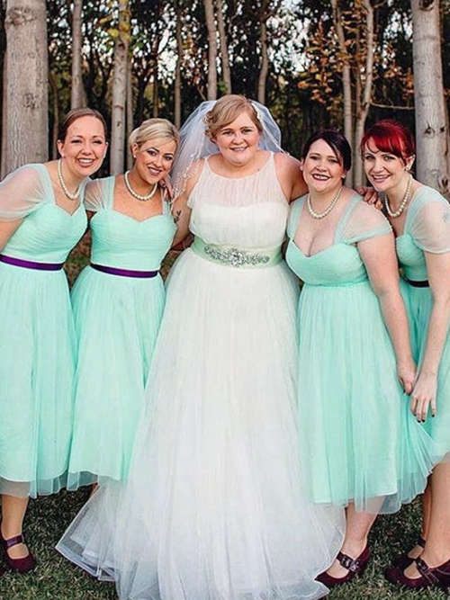 A-line Straps Tulle Mint Plus Size Bridesmaid Dresses