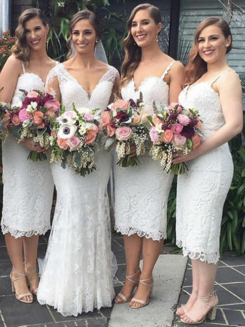 Sheath Spaghetti Straps Lace Tea Length Bridesmaid Dresses