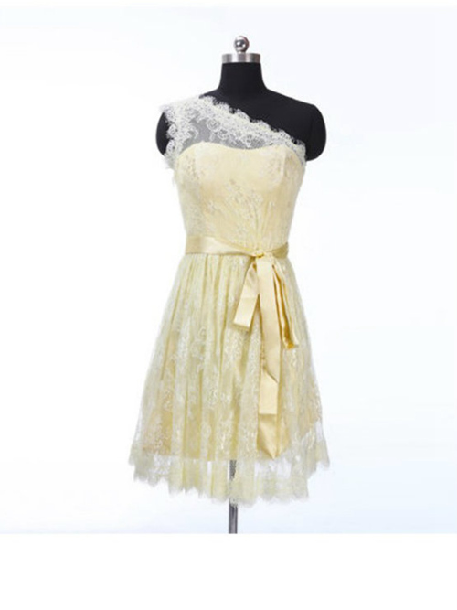 A-line One Shoulder Short Lace Bridesmaid Dress Belt