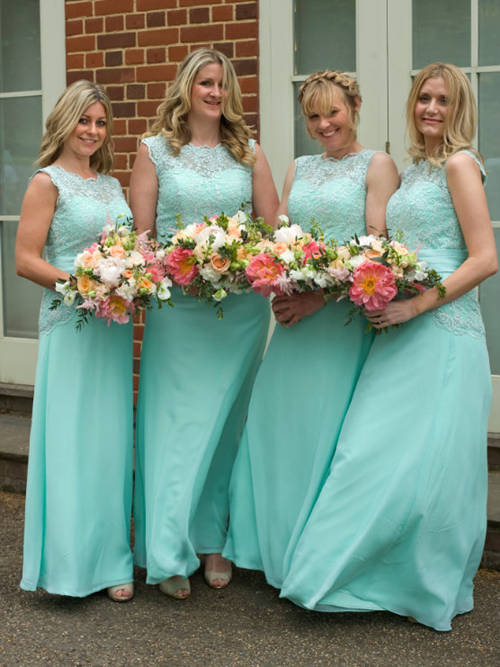 A-line Jewel Chiffon Lace Mint Bridesmaid Dresses