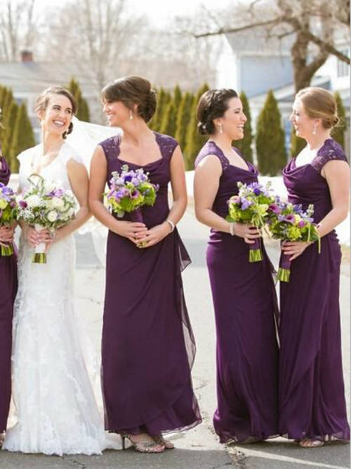 Mermaid Straps Lace Chiffon Purple Bridesmaid Dresses
