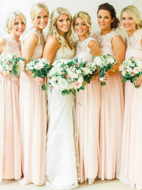A-line Sheer Lace Chiffon Pink Bridesmaid Dresses