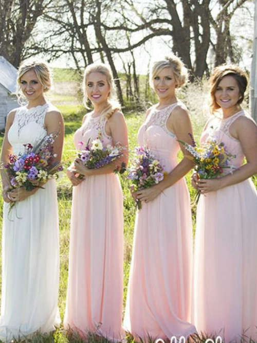 A-line Scoop Chiffon Lace Pink Bridesmaid Dresses