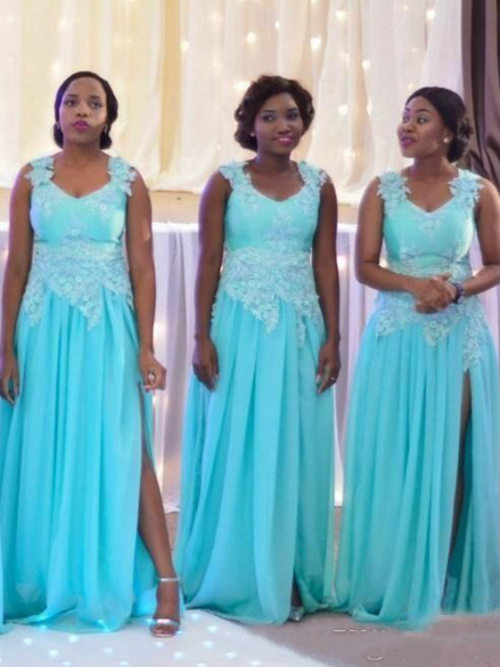 A-line Straps Chiffon Bridesmaid Dresses Applique Slit