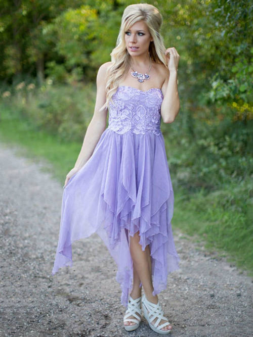 A-line Sweetheart Chiffon Lace Hi Lo Purple Bridesmaid Dress