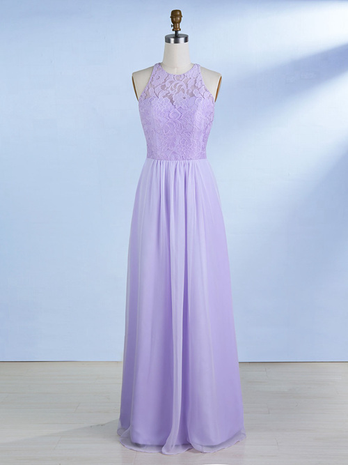A-line Jewel Chiffon Lace Lavender Bridesmaid Dress