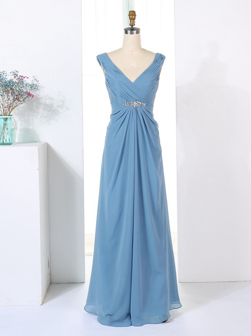 A-line V Neck Chiffon Blue Bridesmaid Dress