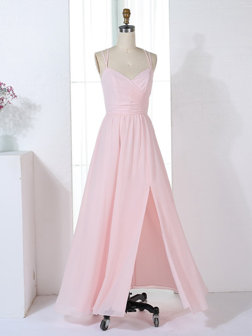 A-line Spaghetti Straps Chiffon Pink Bridesmiad Dress